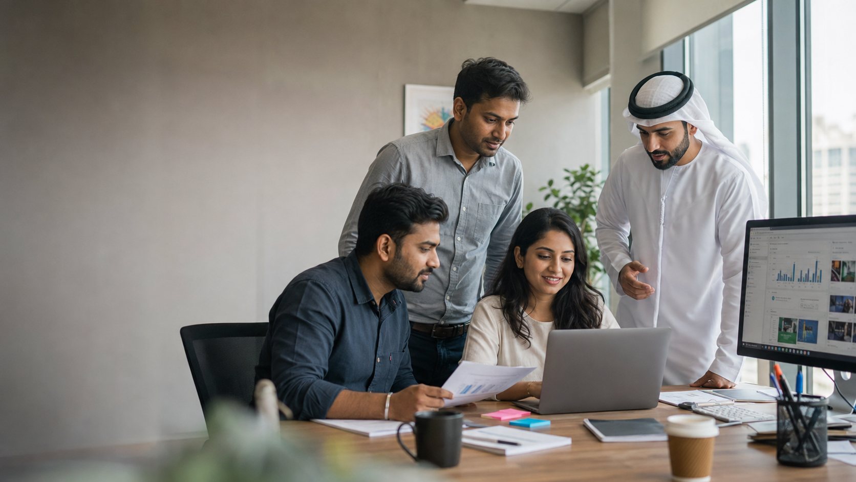 Indian and Emirati marketing colleagues collaborating on campaign plans around a laptop
